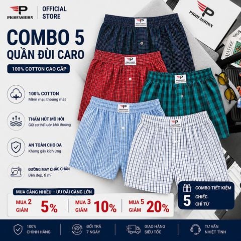 Bộ 5 quần đùi nam caro xuất khẩu có túi , chất cotton sợi trẻ chính hãngPigoFashion QDCR03