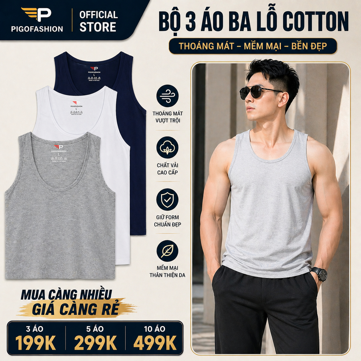 Bộ 3 áo ba lỗ cotton cao cấp pigofashion ABL01