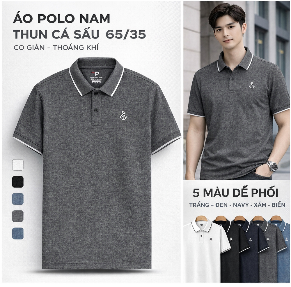 Áo thun nam cổ bẻ ngắn tay màu trơn logo mỏ neo AHT08 Pigofashion