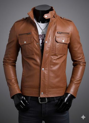 Áo khoác da nam Biker lót dù cao cấp AD4125 màu vàng bò