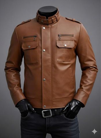 Áo khoác da nam Biker lót dù cao cấp AD4125 màu vàng bò