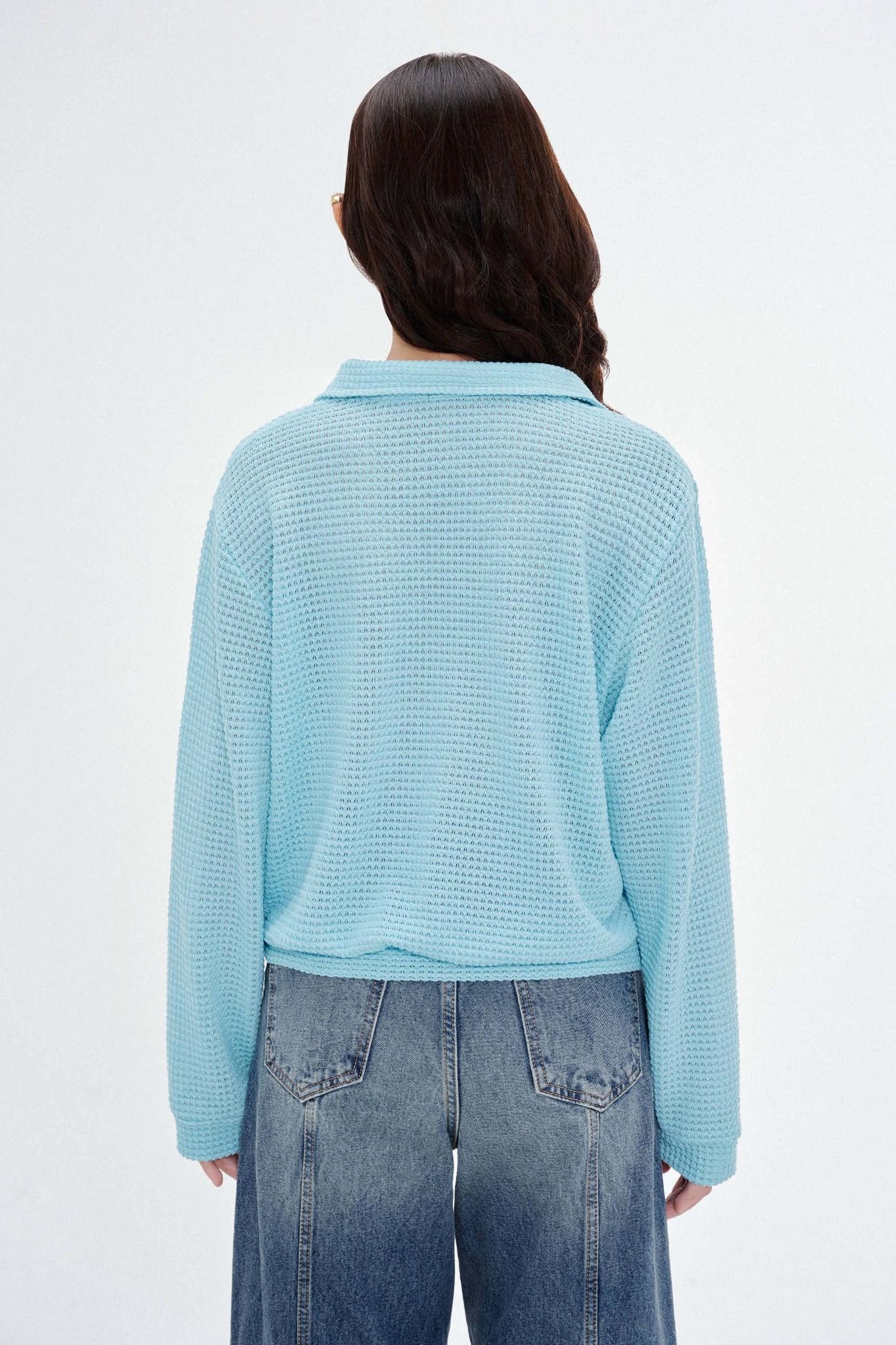  Long Sleeve Knit Polo Top - Blue 
