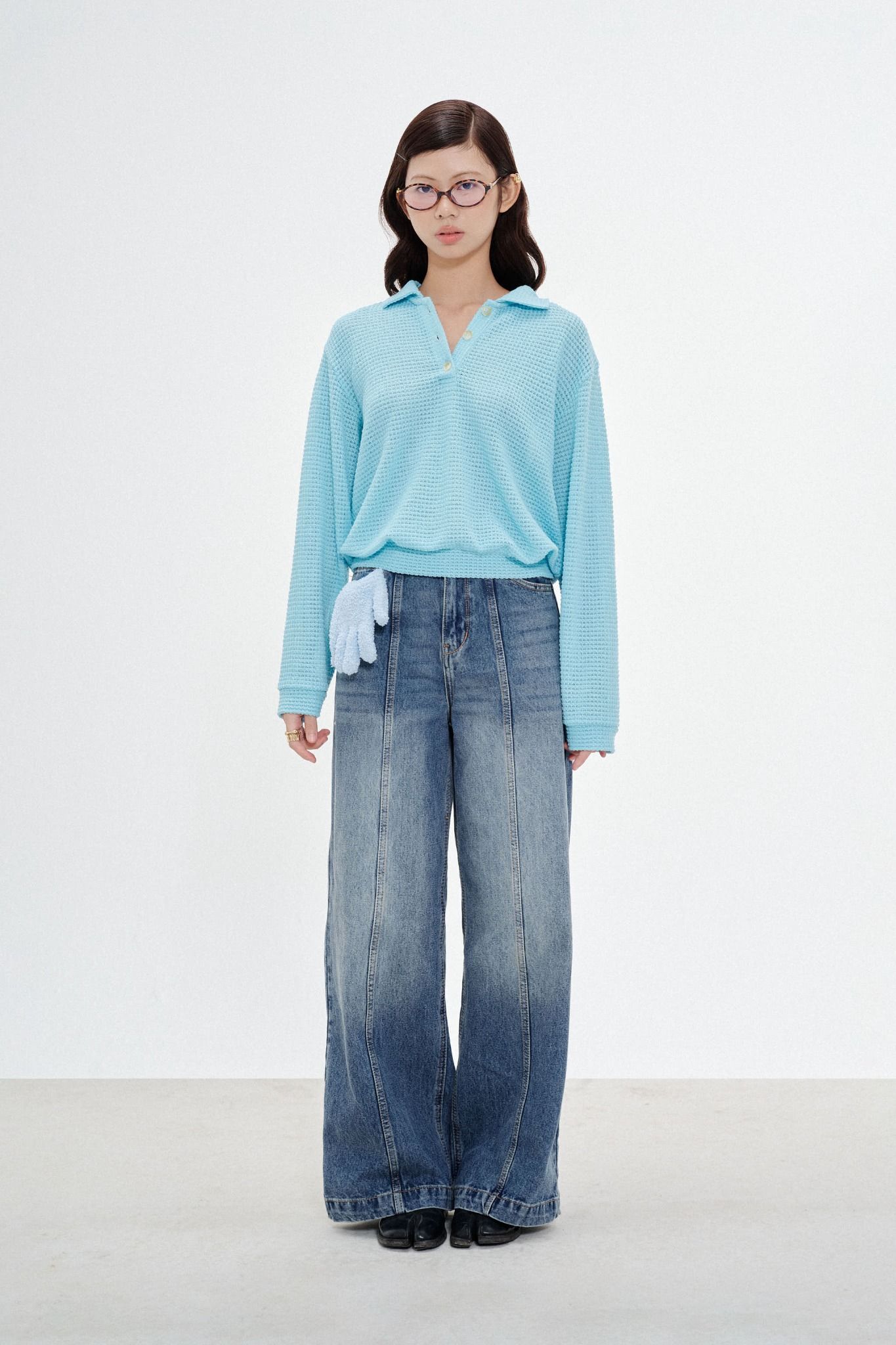  Long Sleeve Knit Polo Top - Blue 