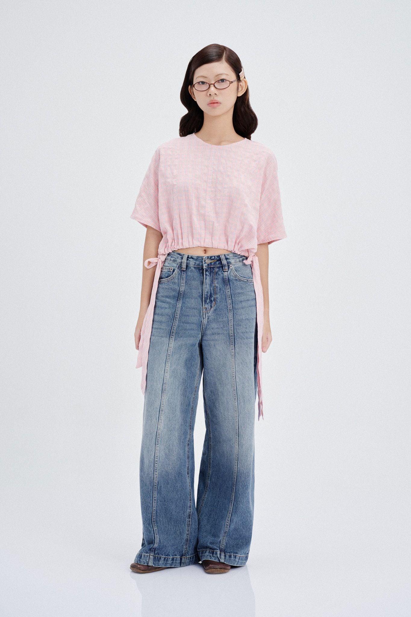  Mid Waist Panel Seam Wide Leg Jeans 