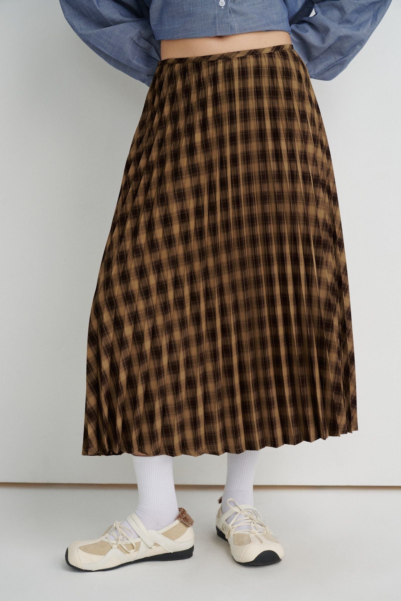  Brown Pleated Midi Skirt 