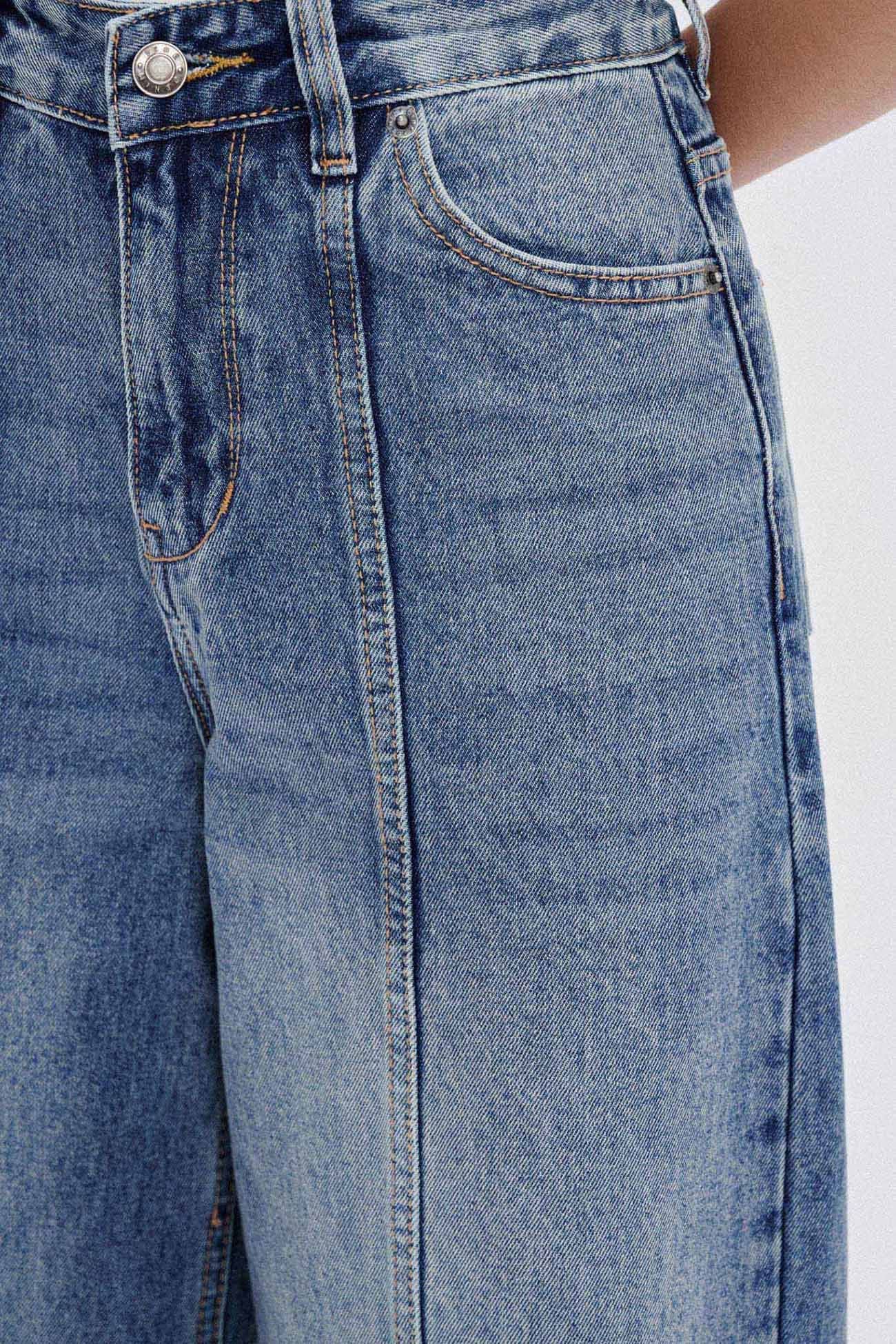  Mid Waist Panel Seam Wide Leg Jeans 
