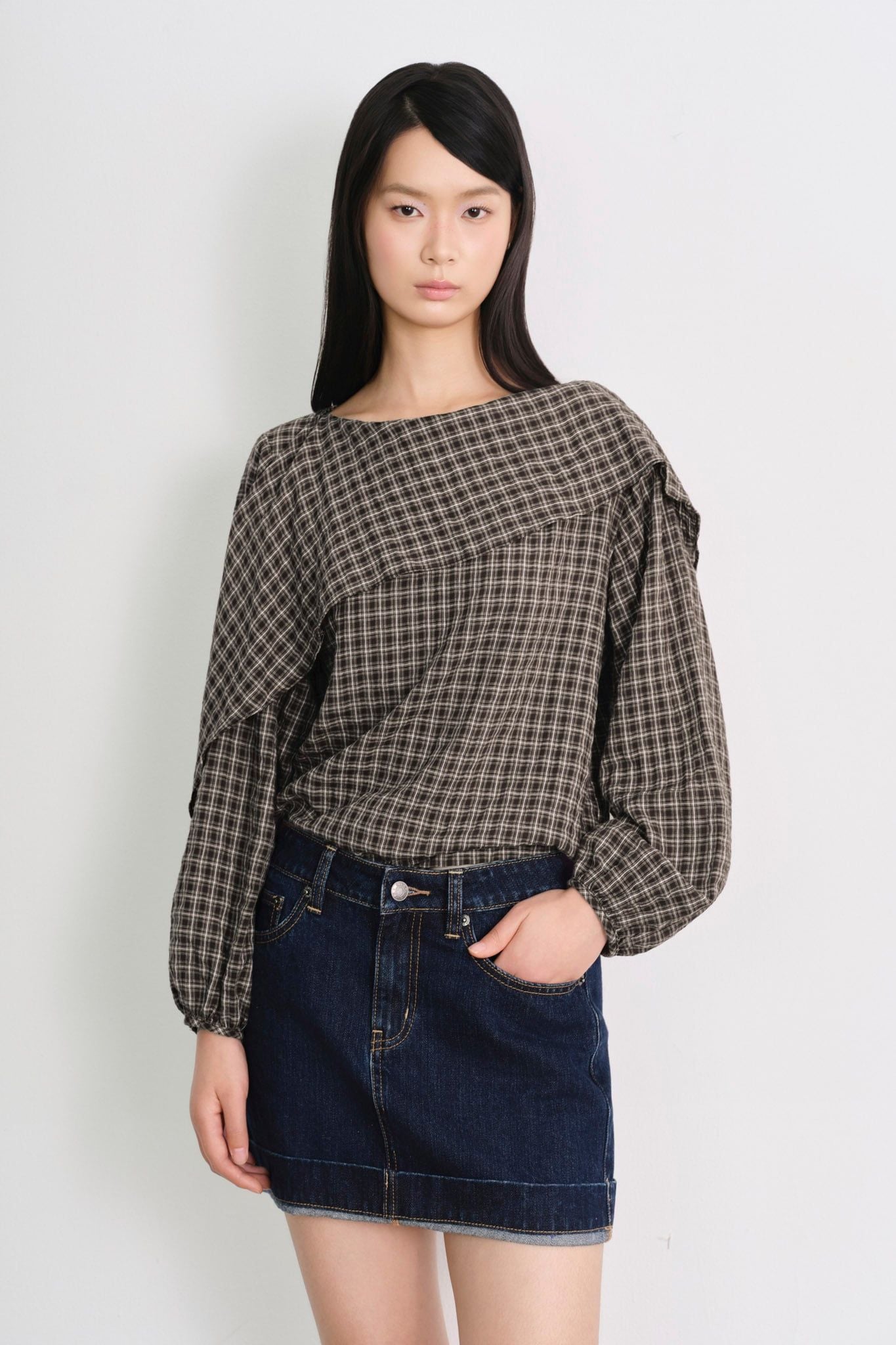  Off-Panel Check Blouse 