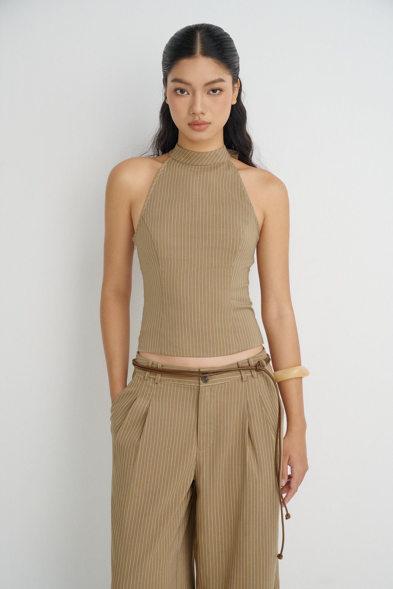  Striped Halter Neck Top - Brown 