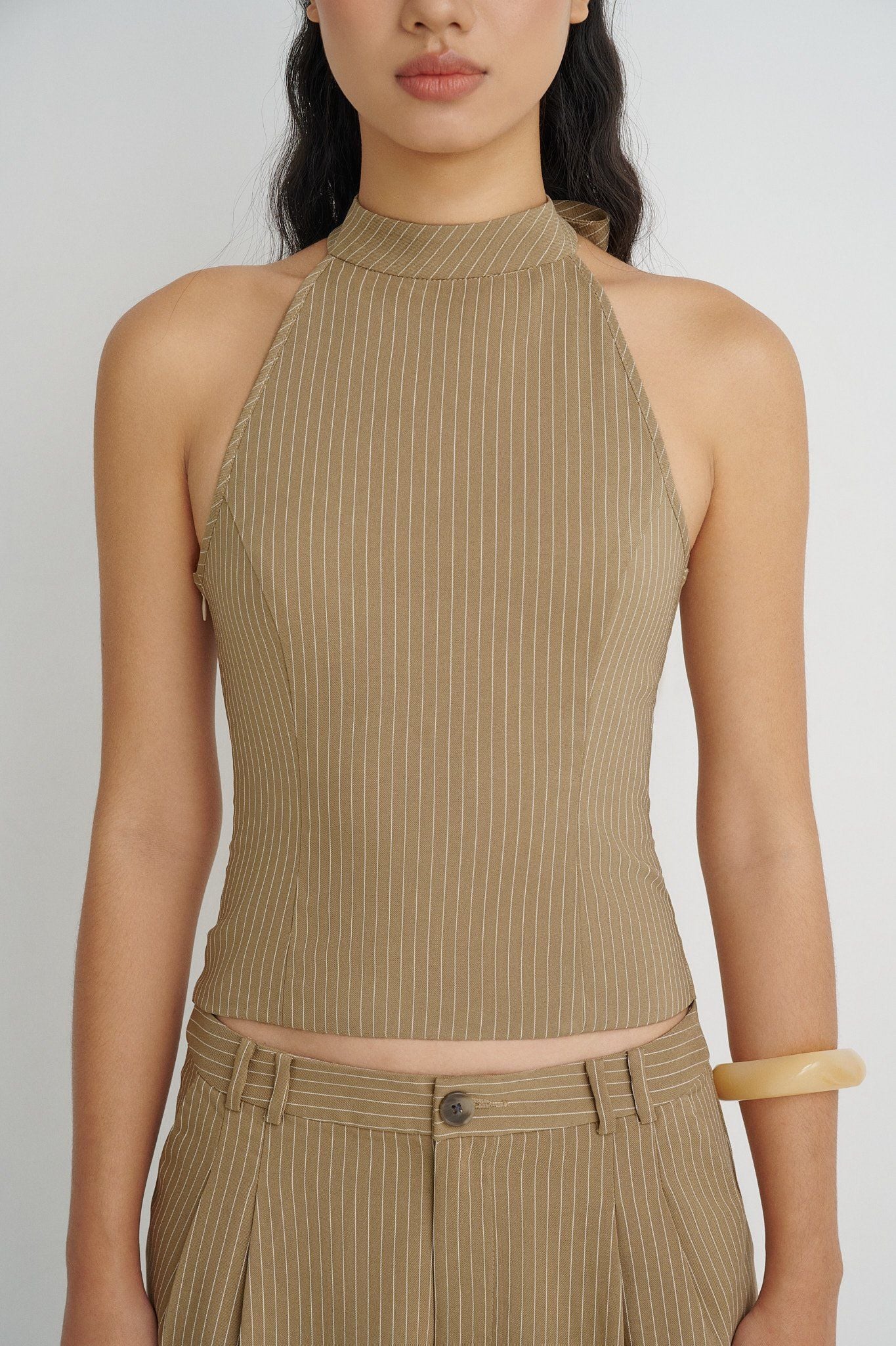  Striped Halter Neck Top - Brown 