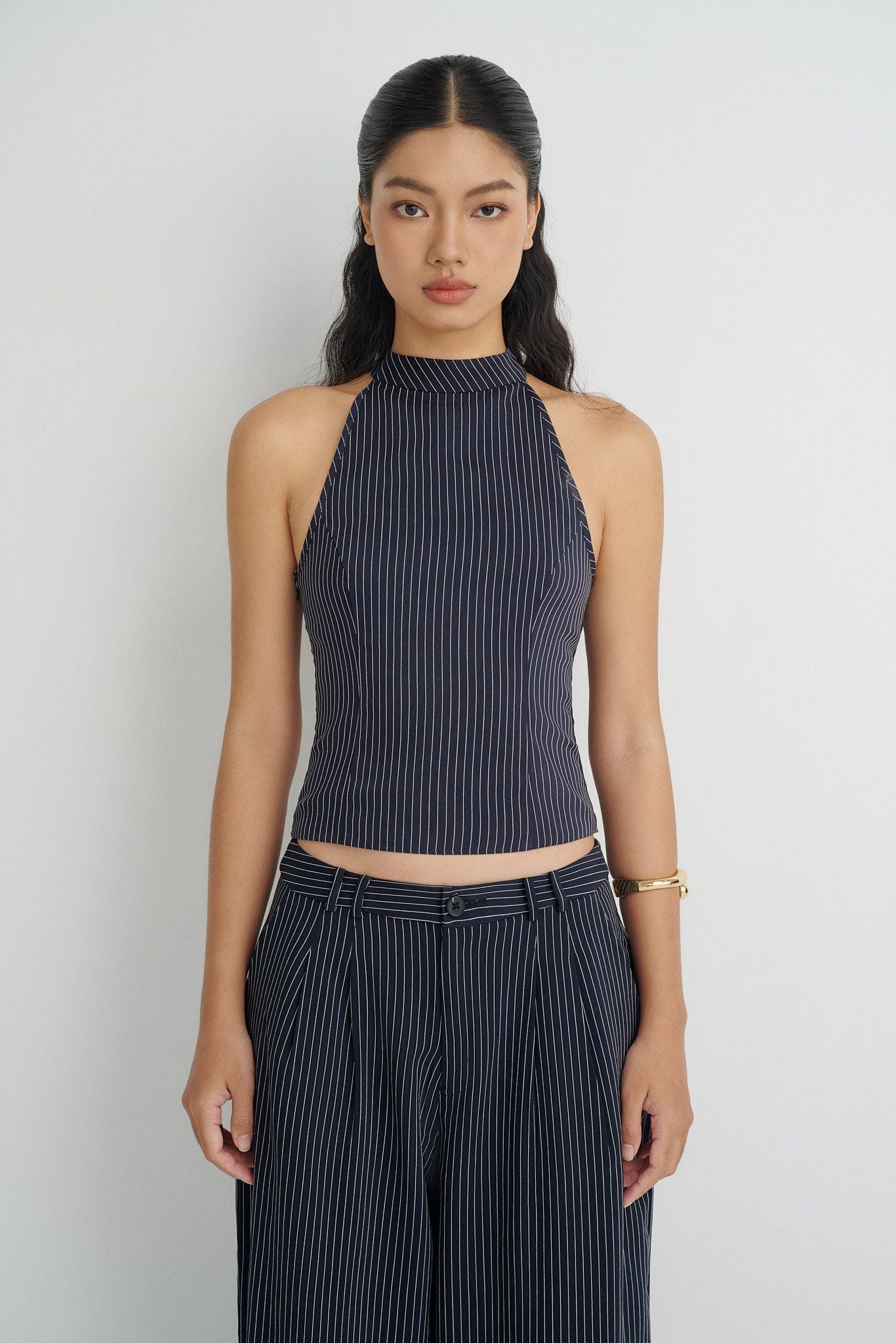  Striped Halter Neck Top - Navy 