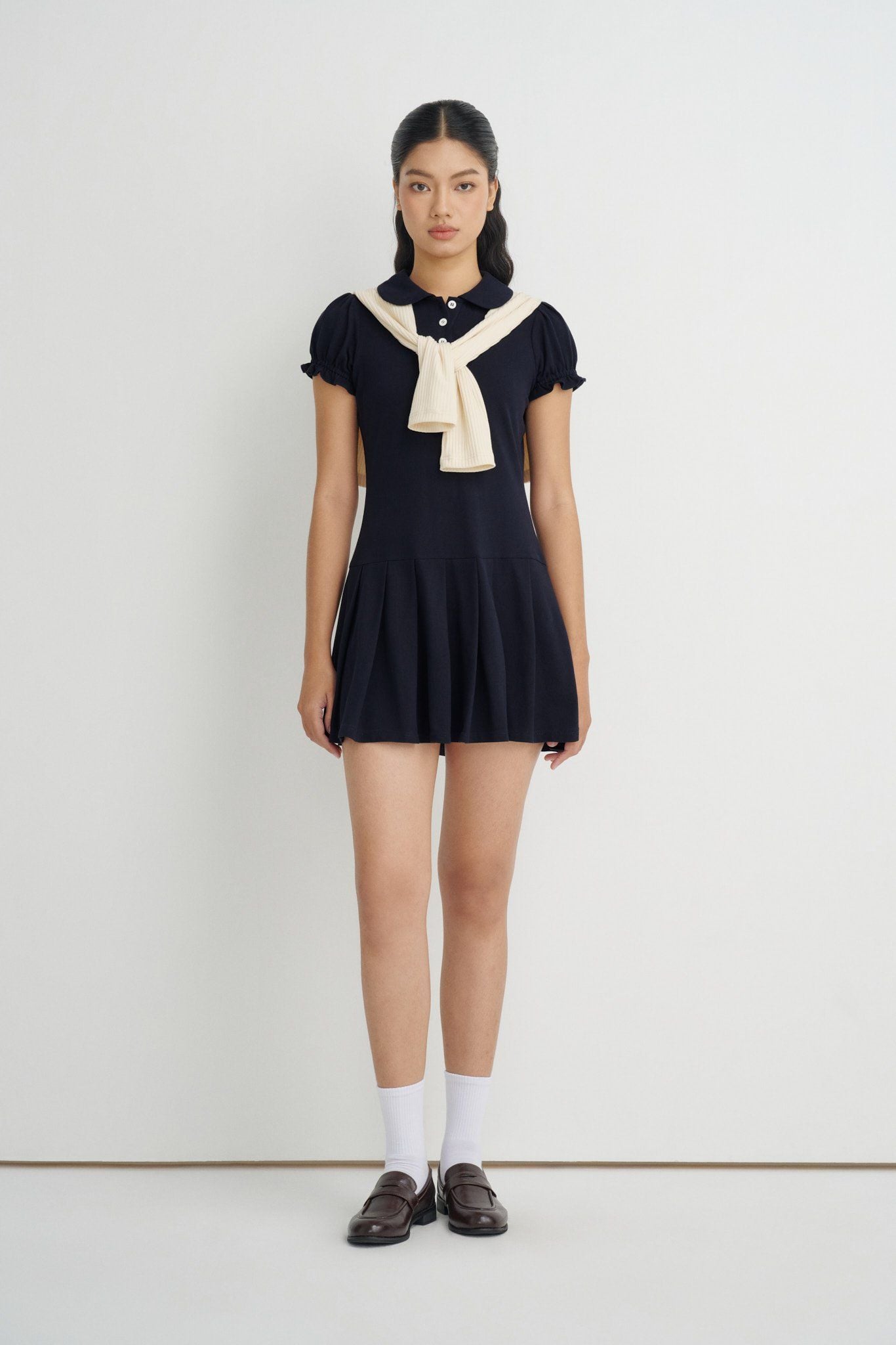  Navy Pleated Mini Dress 