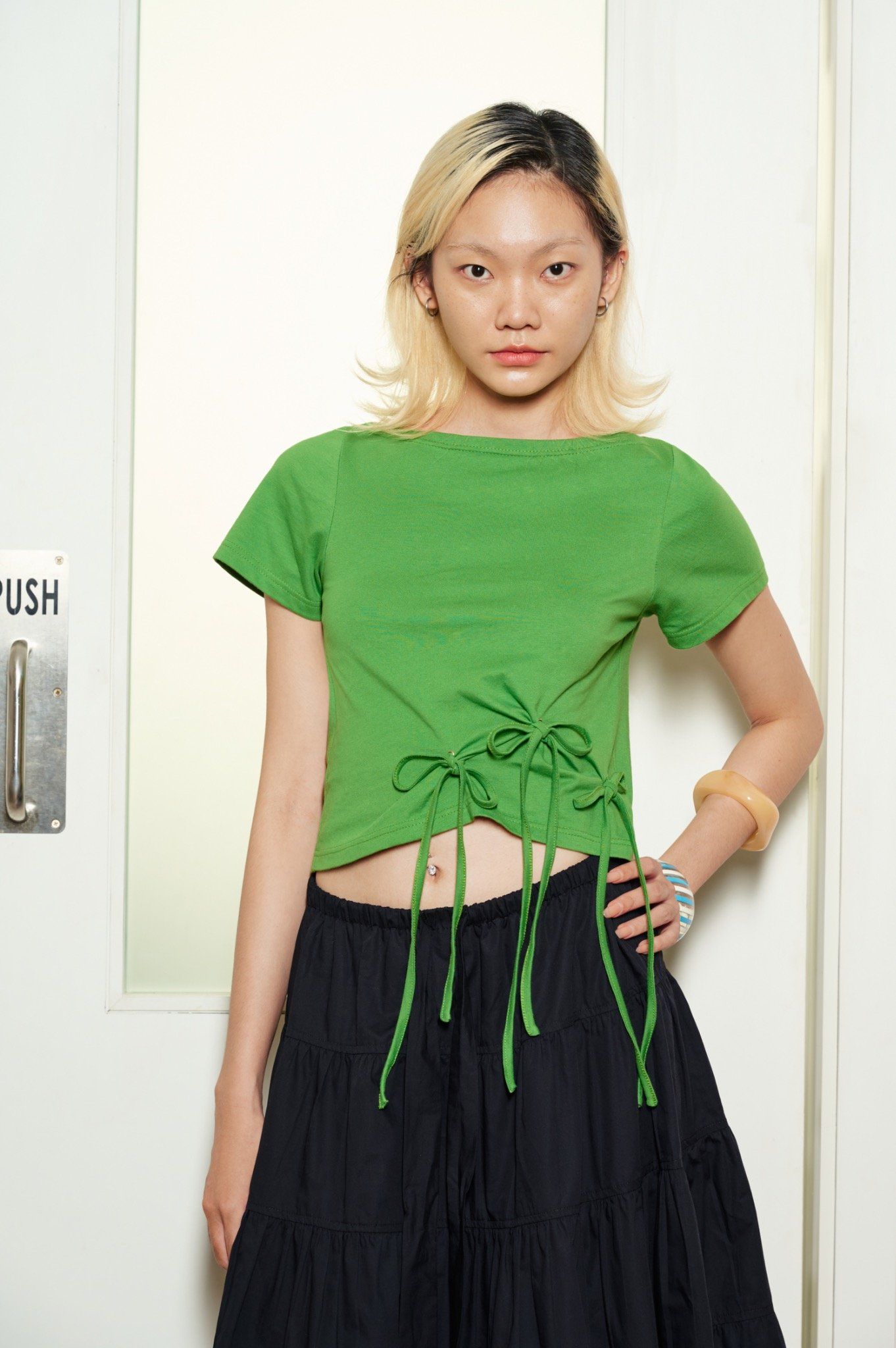  Green Top With Bow Tie Details 