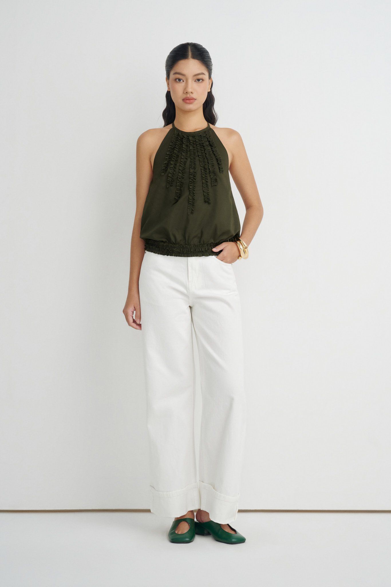 Olive Ruffle Top 