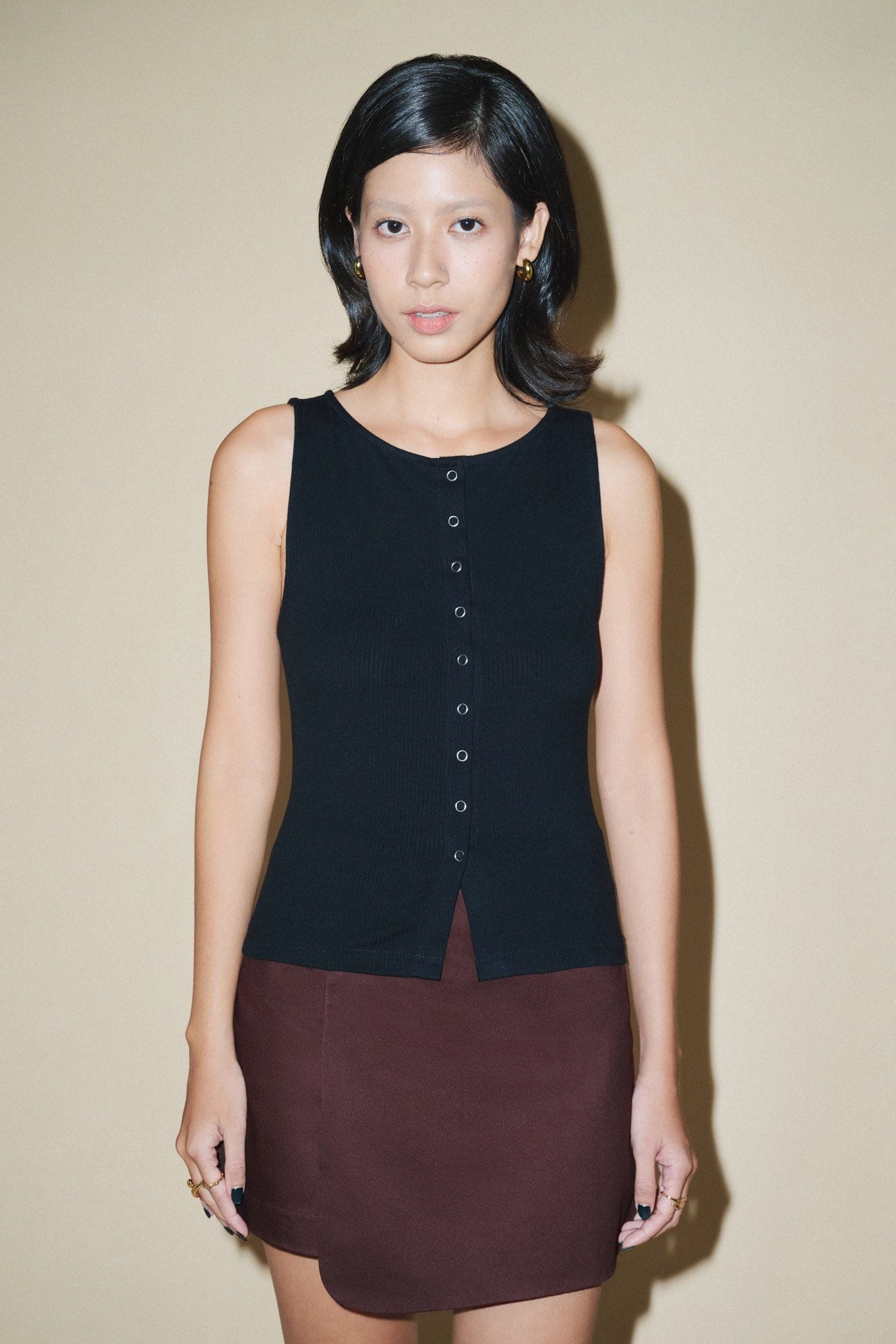  Rib Button Down Top - Black 