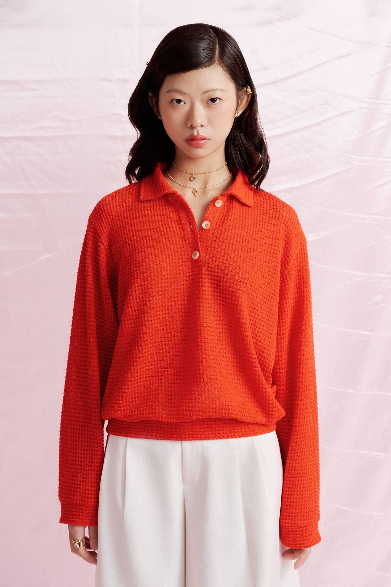  Long Sleeve Knit Polo Top - Burnt Orange 