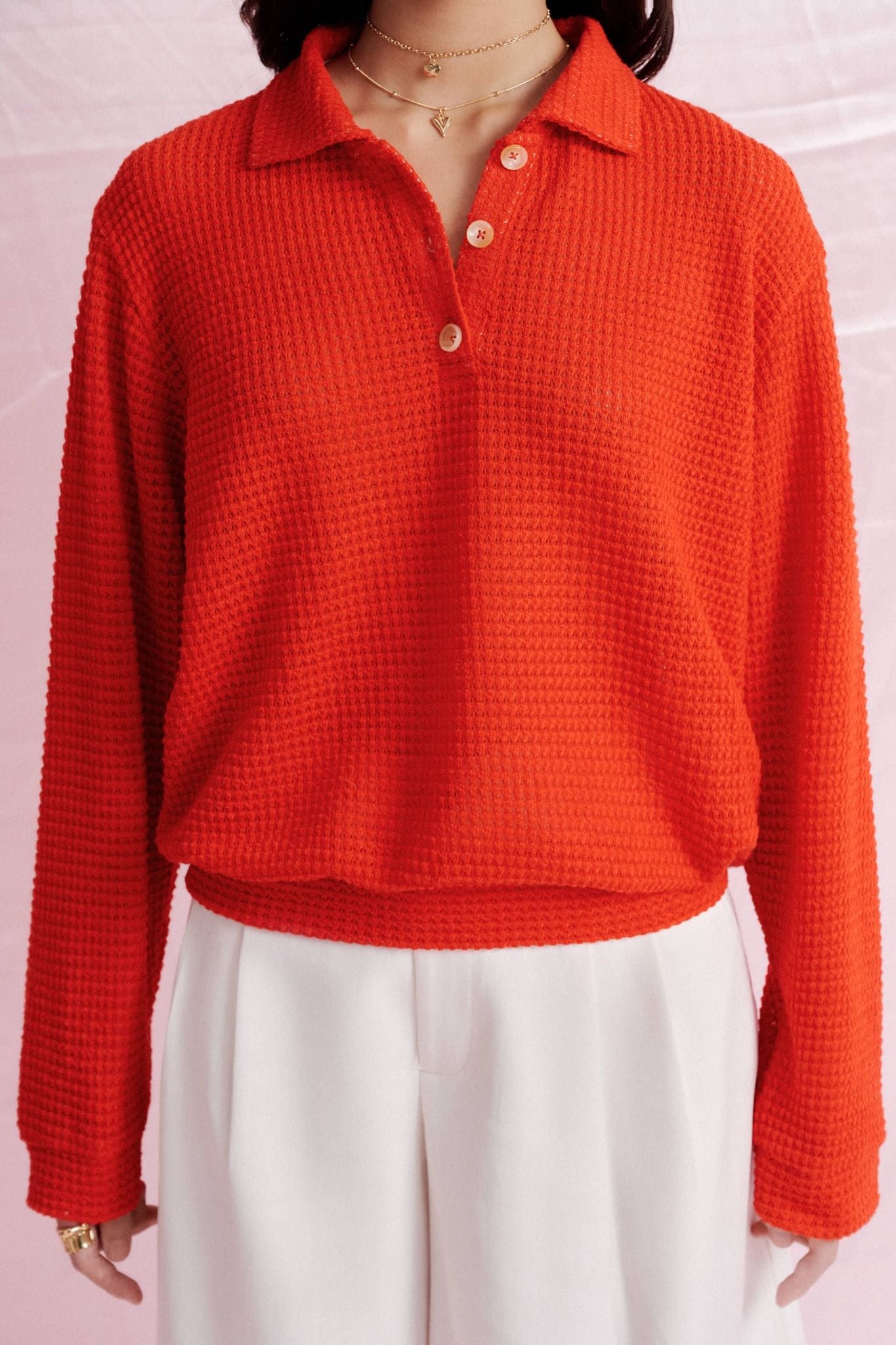  Long Sleeve Knit Polo Top - Burnt Orange 