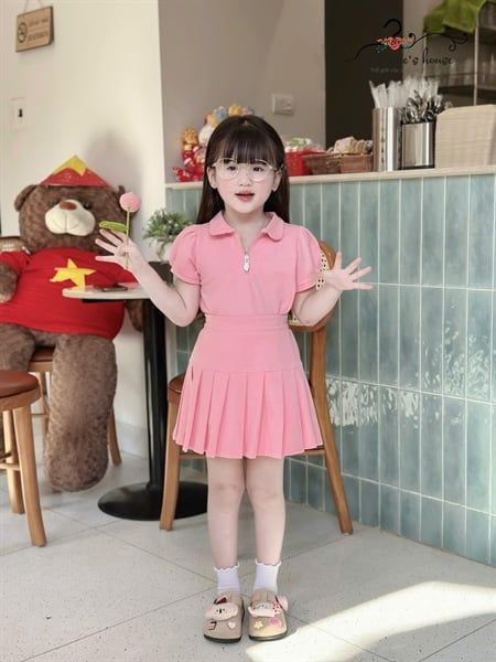  Set Cecilia – Váy áo cổ sen xếp ly, tiểu thư năng động - Màu Hồng 