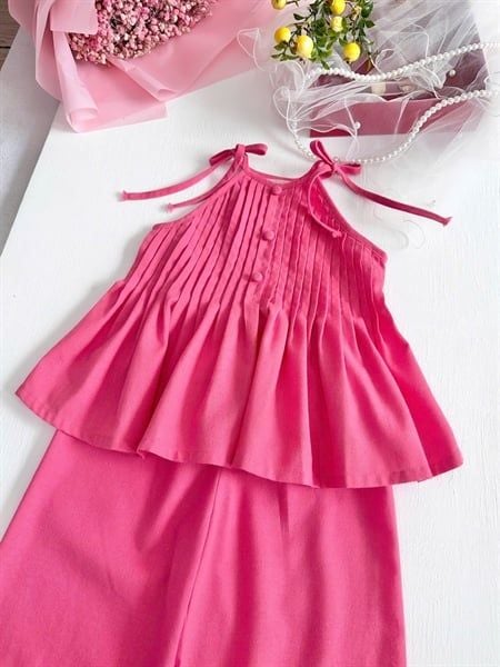  Mai Hạ Set – Set yếm linen xếp pli cao cấp cho bé gái - Hồng 