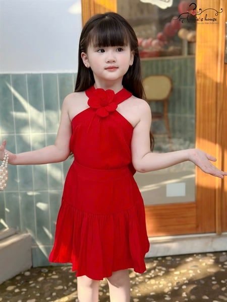  Set Đầm Rosalie Cổ Yếm Đính Hoa Chân Váy Xoè Màu Đỏ 