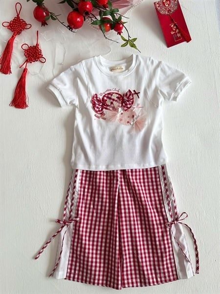  Candy Set - Set Áo Thun Kẹo Ngọt Quần Caro Nơ 