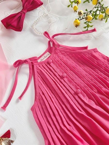  Mai Hạ Set – Set yếm linen xếp pli cao cấp cho bé gái - Hồng 