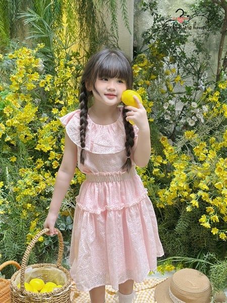  Set Melora - Áo cổ bèo phối chân váy xoè - Hồng 