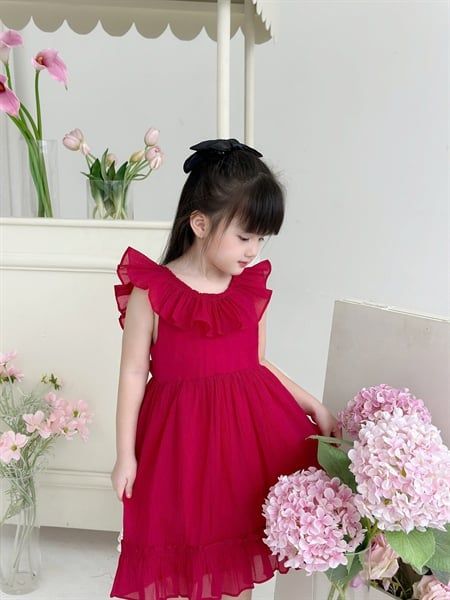  Aura Dress - Đầm tơ cổ bèo nhún - Đỏ 