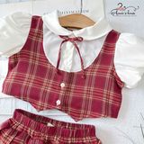  Holly Set – Áo sơ mi cổ búp bê phối gile caro đỏ, quần xếp li năng động 
