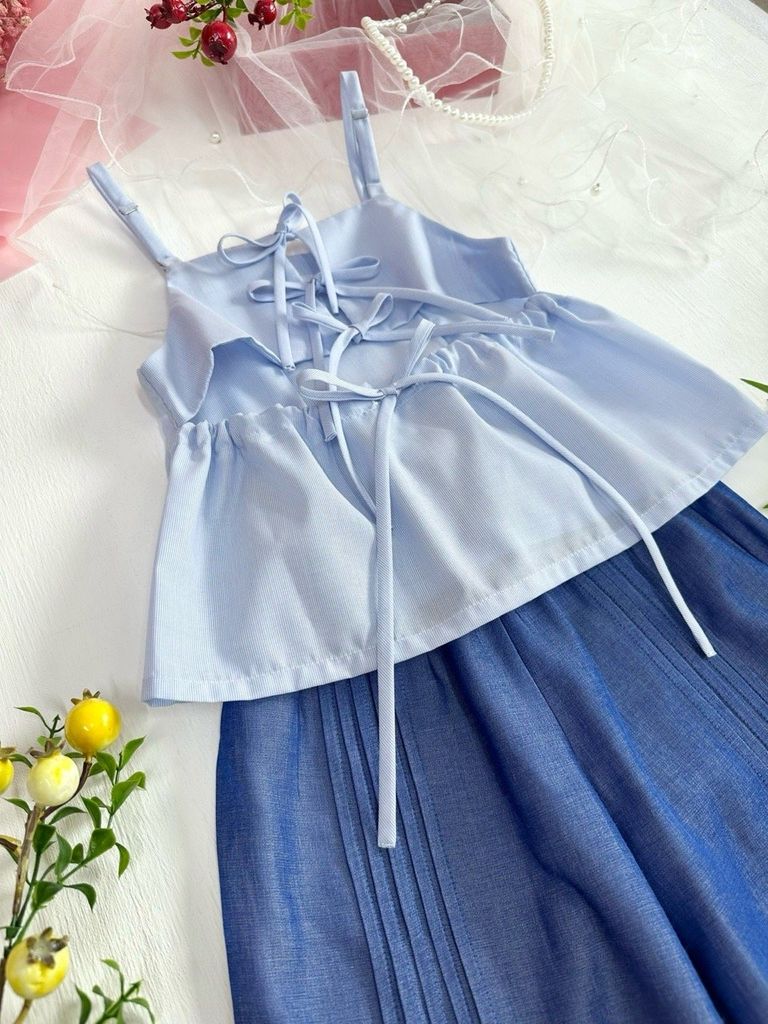  Ivy Set | Áo 2 dây nơ sau + Quần dài xếp pli trendy 