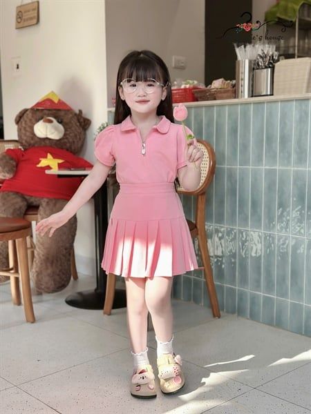  Set Cecilia – Váy áo cổ sen xếp ly, tiểu thư năng động - Màu Hồng 
