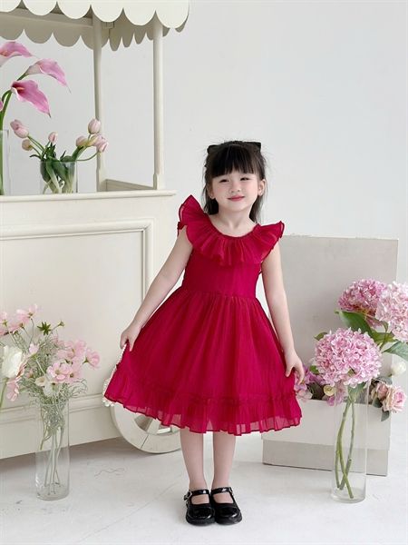  Aura Dress - Đầm tơ cổ bèo nhún - Đỏ 