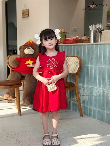  Clara Dress – Đầm Bèo Xếp Thêu Hoa Nơ Eo - Đỏ 