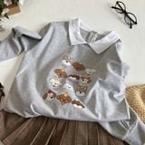  Club Top - Xám - Áo thun polo dài tay phối cổ trắng in cún 