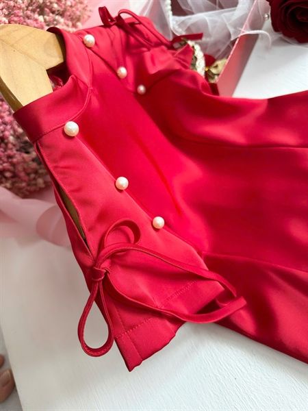  Hồng Yên Dress - Đầm sườn xám đỏ đính ngọc trai 