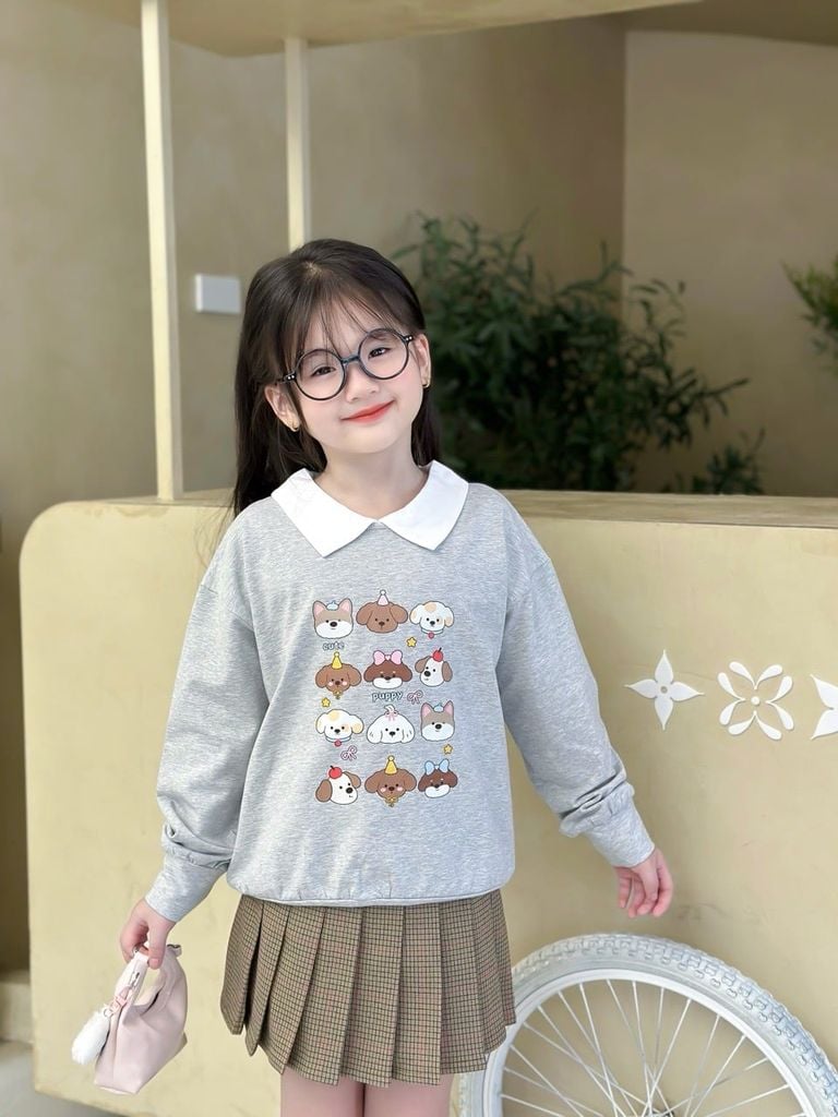  Club Top - Xám - Áo thun polo dài tay phối cổ trắng in cún 
