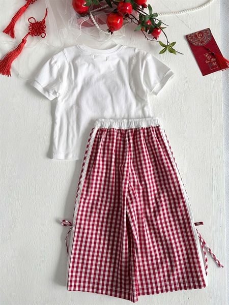  Candy Set - Set Áo Thun Kẹo Ngọt Quần Caro Nơ 