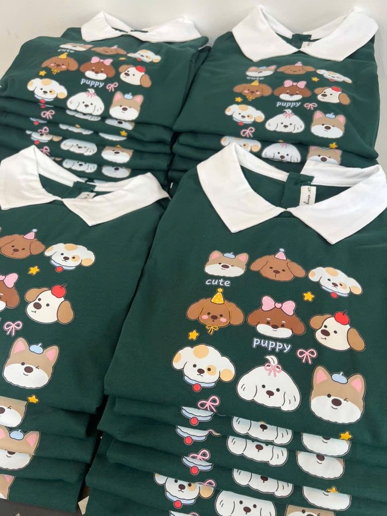  Club Top - Xanh lá - Áo thun polo dài tay phối cổ trắng in cún 