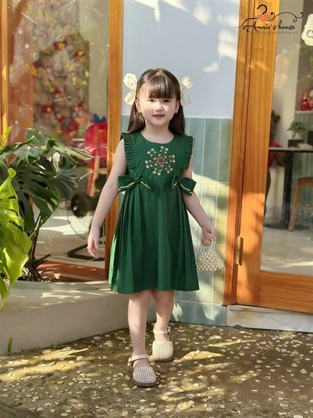  Clara Dress – Đầm Bèo Xếp Thêu Hoa Nơ Eo - Xanh 