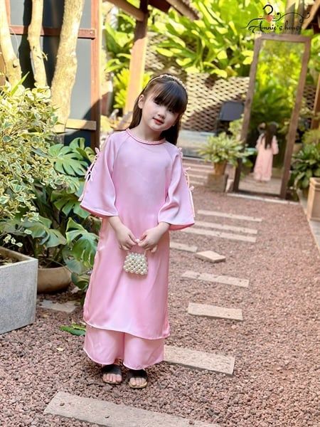 Áo Dài Yên Khuê – Cổ Bím Đính Nơ Dịu Dàng - Màu Hồng 