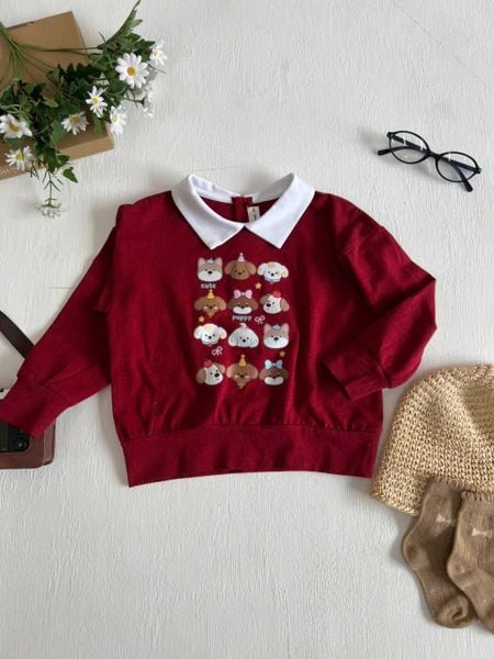  Club Top - đỏ - Áo thun polo dài tay phối cổ trắng in cún 