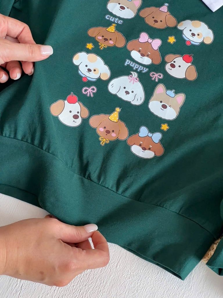  Club Top - Xanh lá - Áo thun polo dài tay phối cổ trắng in cún 