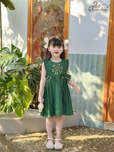  Clara Dress – Đầm Bèo Xếp Thêu Hoa Nơ Eo - Xanh 