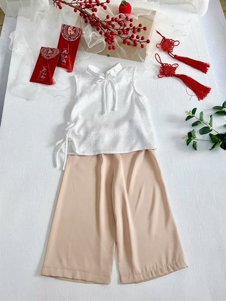  Nhã Set – Set áo gấm lụa rút tà phối quần lụa nude dáng suông - Áo Trắng 