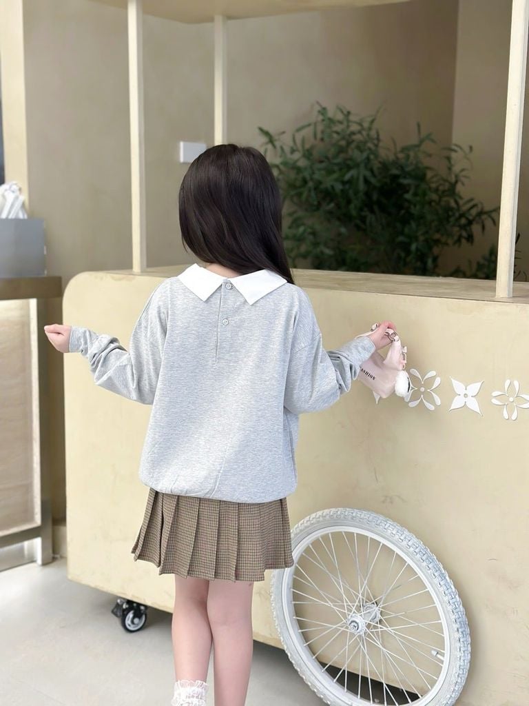  Club Top - Xám - Áo thun polo dài tay phối cổ trắng in cún 