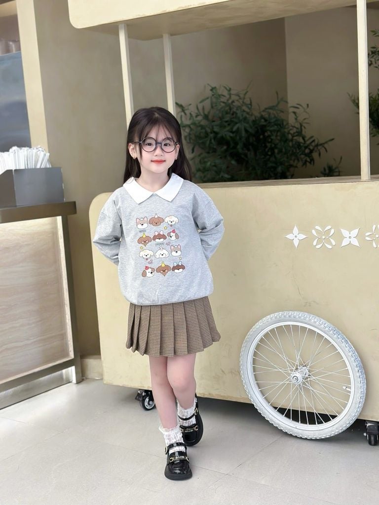  Club Top - Xám - Áo thun polo dài tay phối cổ trắng in cún 