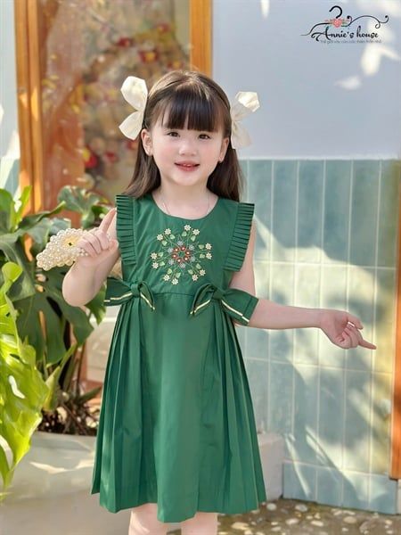  Clara Dress – Đầm Bèo Xếp Thêu Hoa Nơ Eo - Xanh 