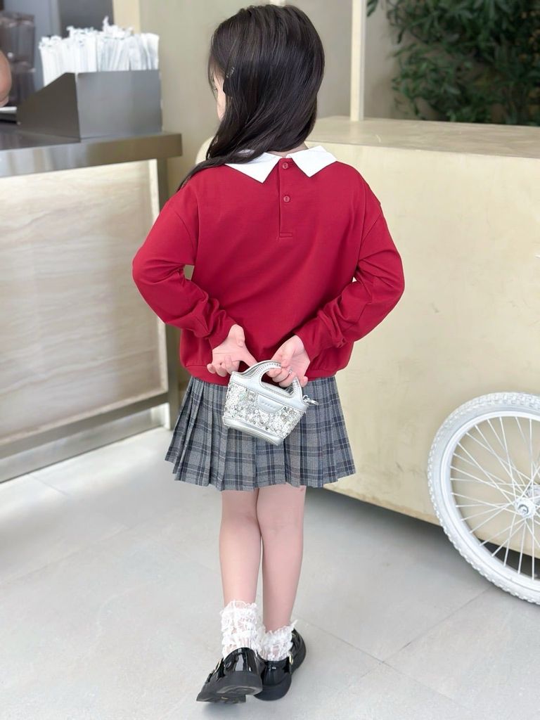  Club Top - đỏ - Áo thun polo dài tay phối cổ trắng in cún 