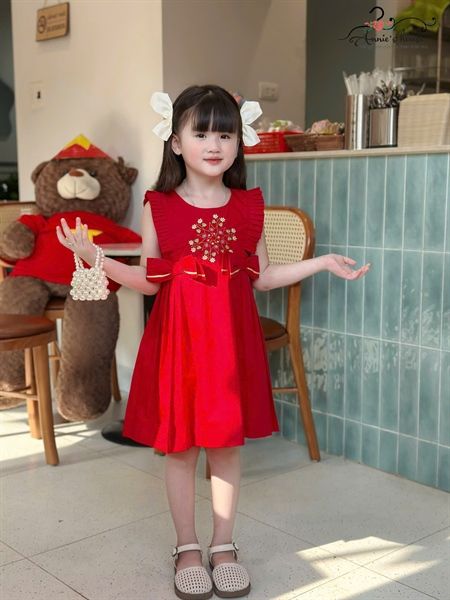  Clara Dress – Đầm Bèo Xếp Thêu Hoa Nơ Eo - Đỏ 