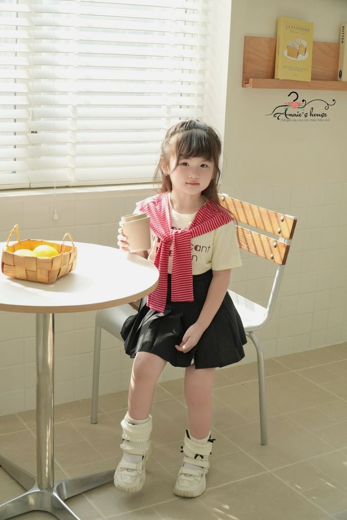  Set Rubi Áo Cotton Phối Khăn Choàng Kẻ Đỏ 