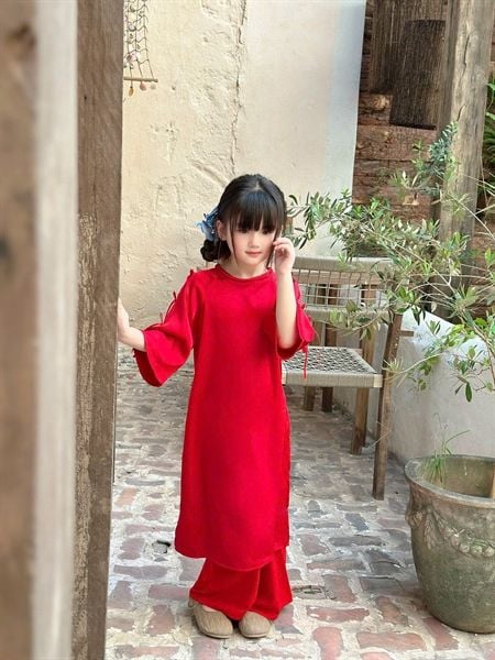  Áo Dài Yên Khuê – Cổ Bím Đính Nơ Dịu Dàng - Màu Đỏ 